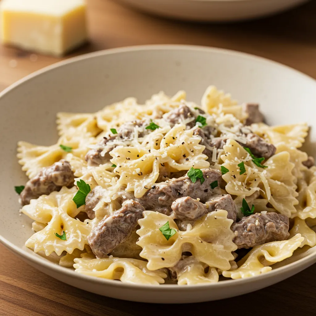Creamy Parmesan Garlic Beef Bowtie Pasta - secondary view
